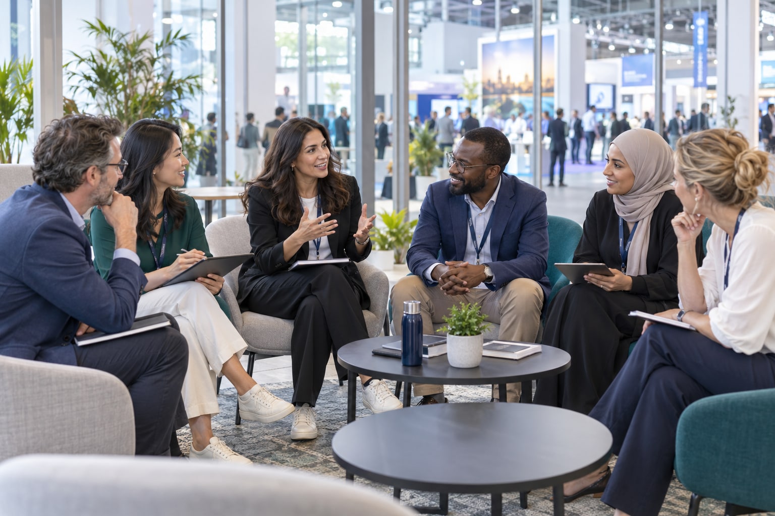 Conceptual scene of international exhibition professionals sharing knowledge in an open peer discussion