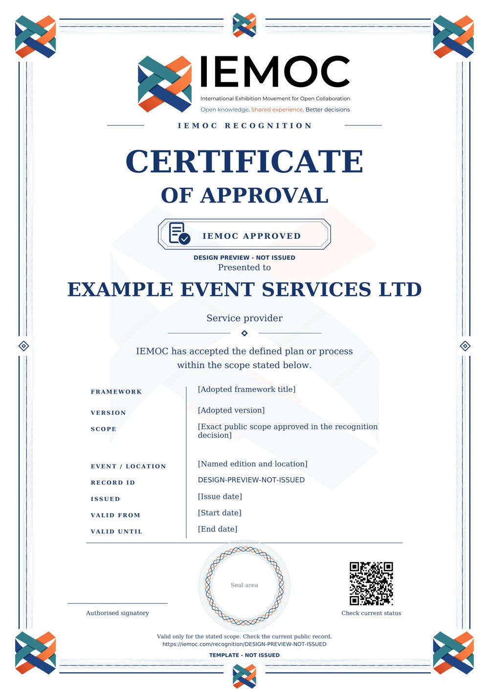 A4 Approved certificate design preview with fictional recipient and Not issued labels
