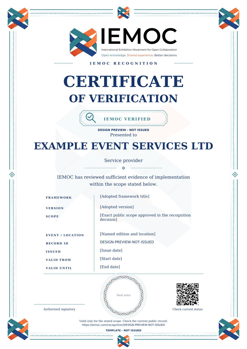 A4 Verified certificate design preview with fictional recipient and Not issued labels