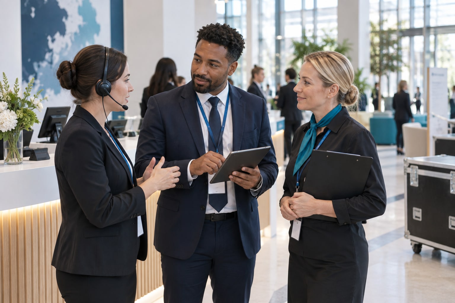 Conceptual scene of event service professionals coordinating a handover at an information hub
