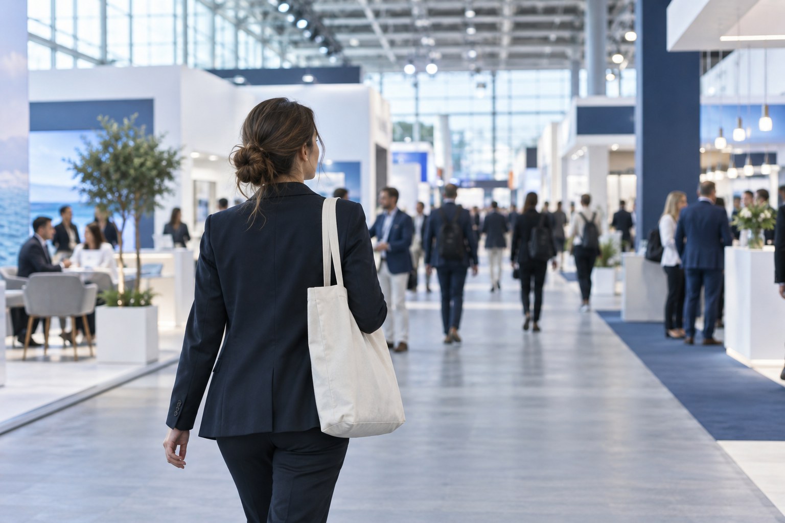 Conceptual scene of a professional visitor arriving at an exhibition